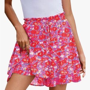 Women's Red/Dark Pink Floral Ruffle Skirt W/ Under Shorts